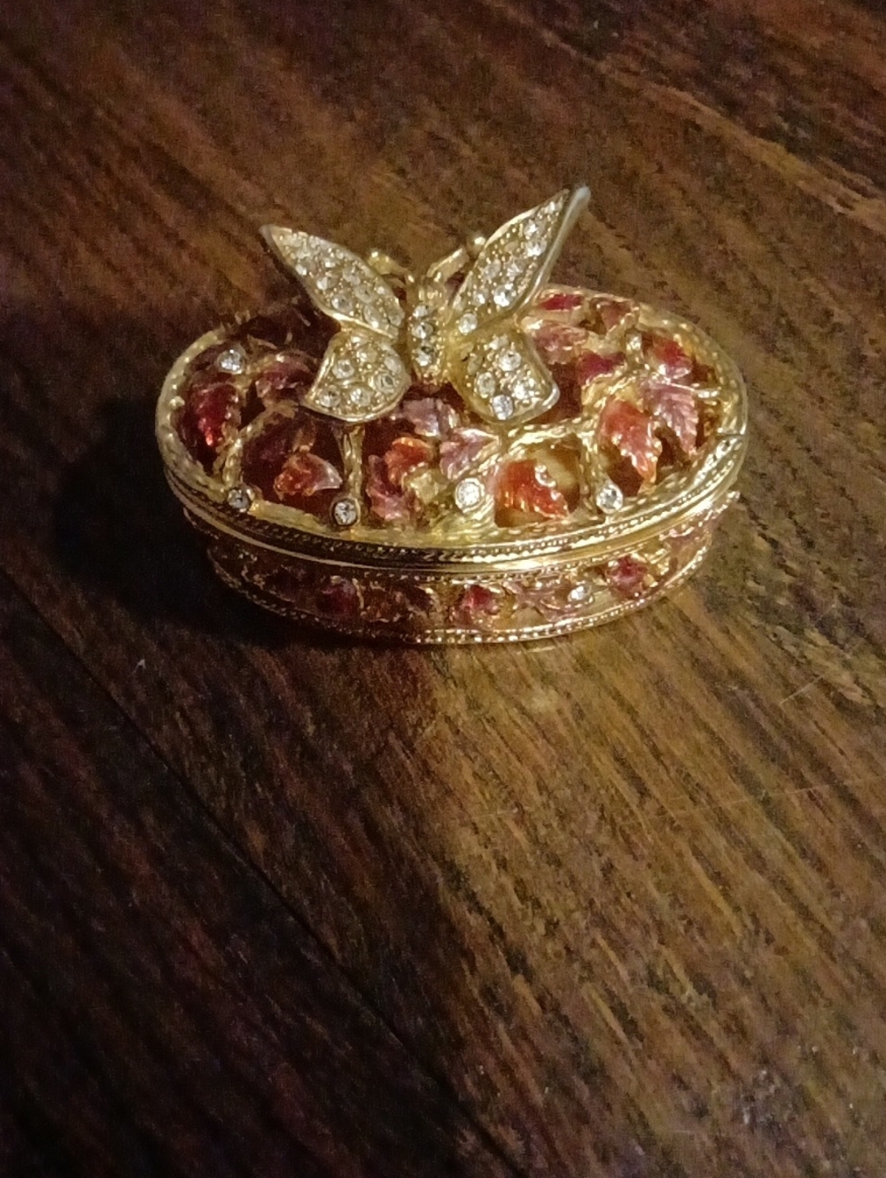 Gold-Tone Butterfly Trinket Ring Box with Pink Enamel Accents